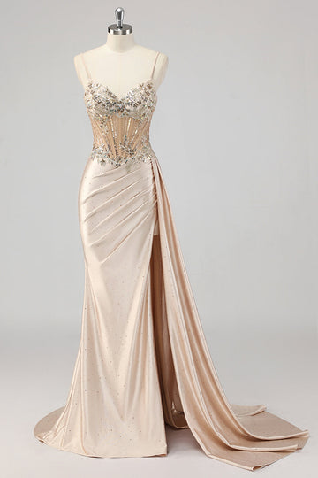 Champán Sirena Lentejuelas Serpentina Lateral Corsé Vestido de Fiesta con Abertura